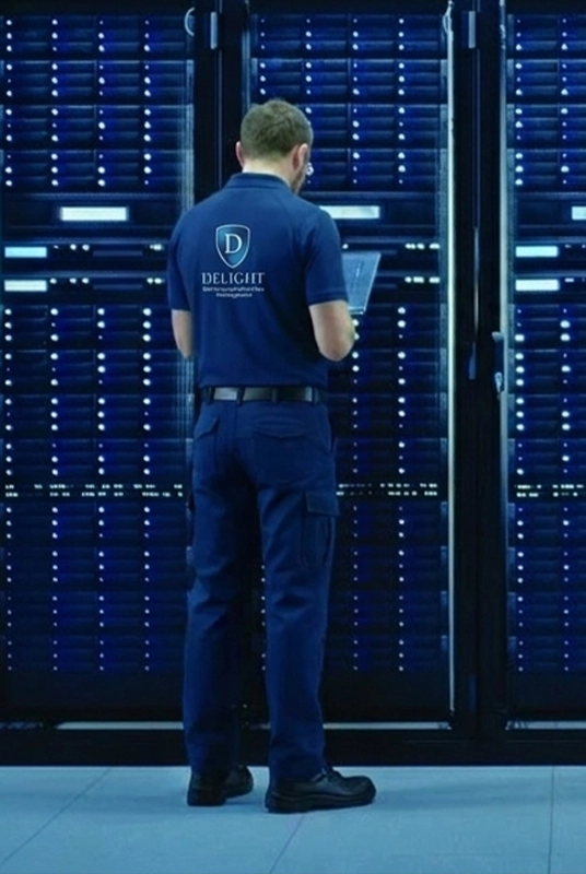 Delight IFM technician managing server rack infrastructure in a data center